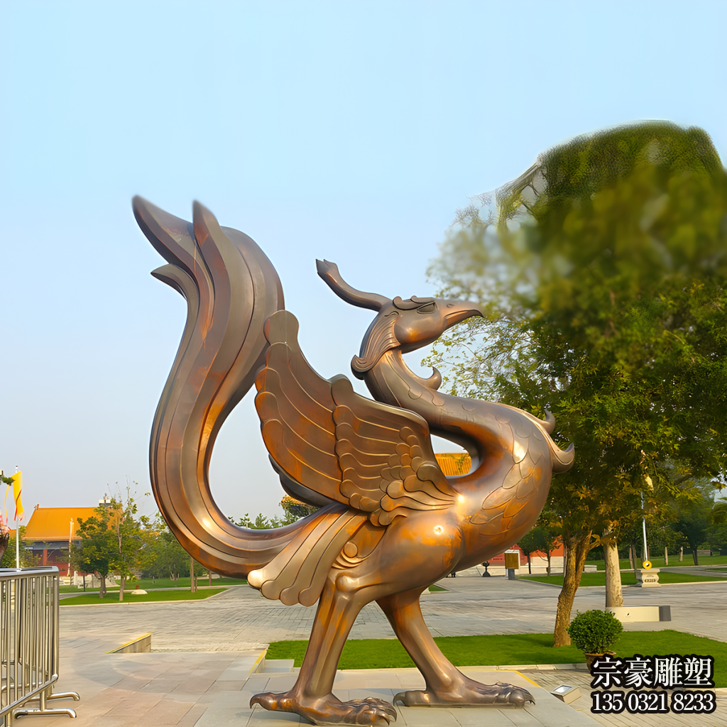 朱雀銅雕，紫銅色鑄銅神獸朱雀雕塑